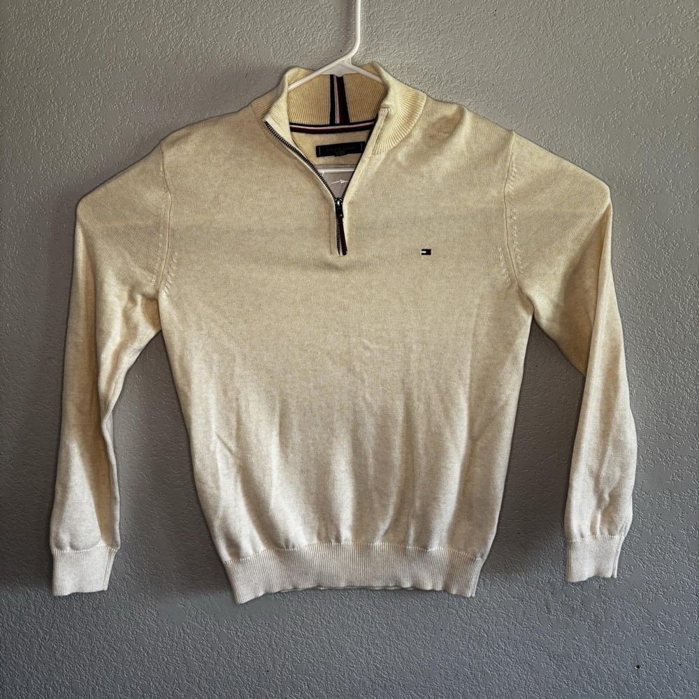 Tommy Hilfiger 1/4 Zip Sweater Mens Small Cream Mock Neck Cotton Logo Pullover